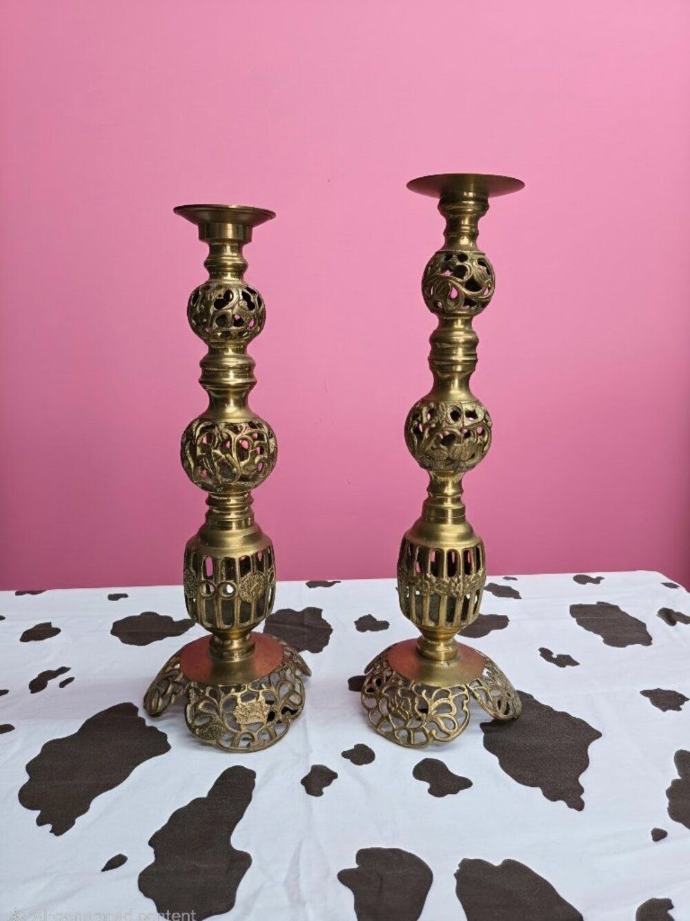 Vintage Ornate Pierced Brass Candlestick Holders Pair Heavy Cast Metal